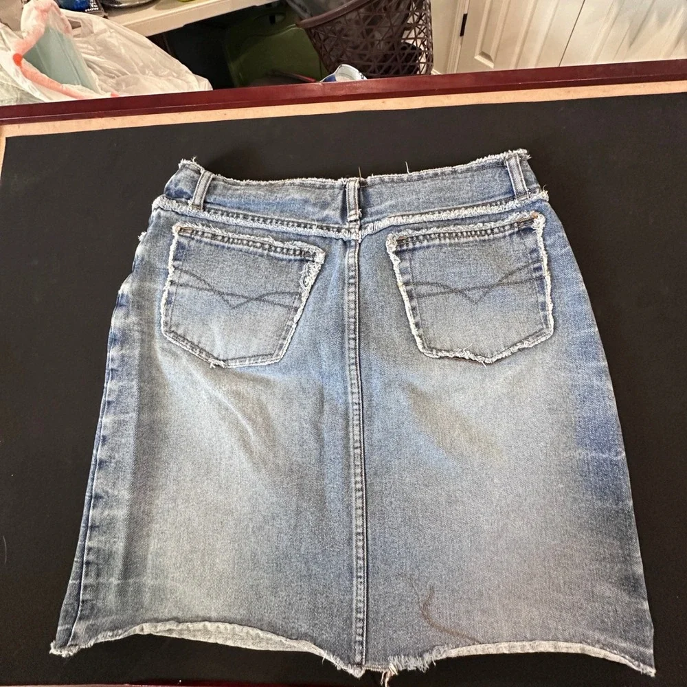 Vintage L.A. Blues Denim Mini‎ Skirt High Waisted Raw Hem Medium Wash Size 14